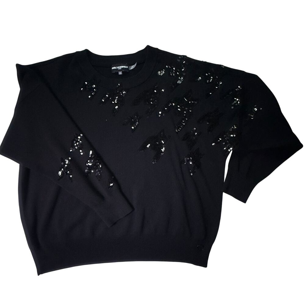 Karl Lagerfeld Paris Black Sequin Bird Sweater XL Knit Embellished Pullover